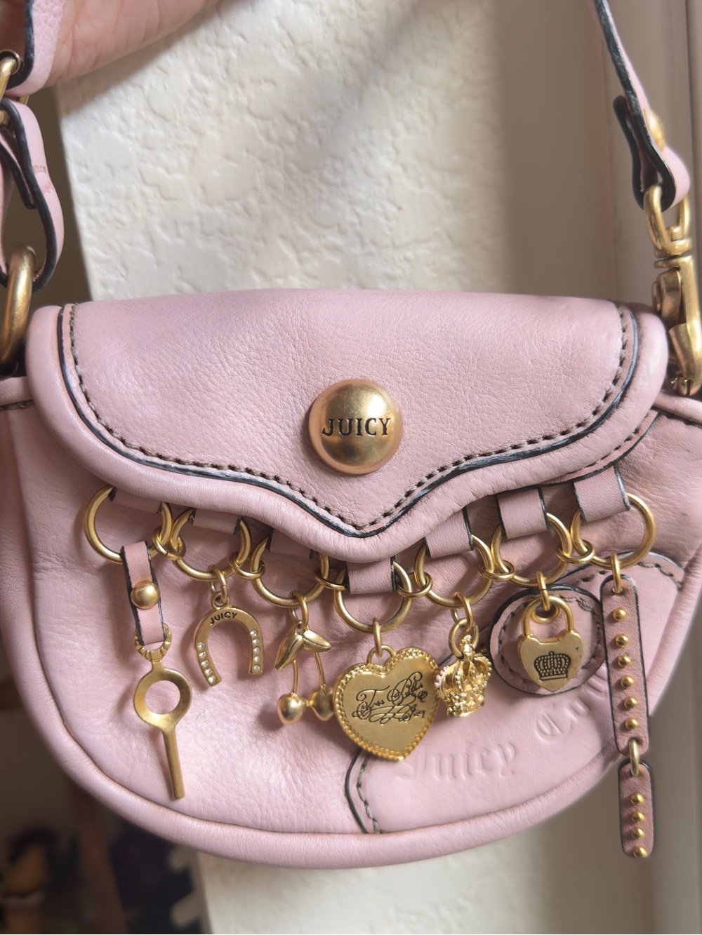 Juicy Couture Vintage Y2K Pink Leather Mini Charms Bag with Gold Charm Accents